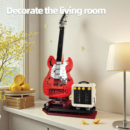 Rock Guitar Interactive Building Block Set Creative Construction Model Toy with Display Stand DIY Collectible for Home Decor for Adults (No Bluetooth Function)