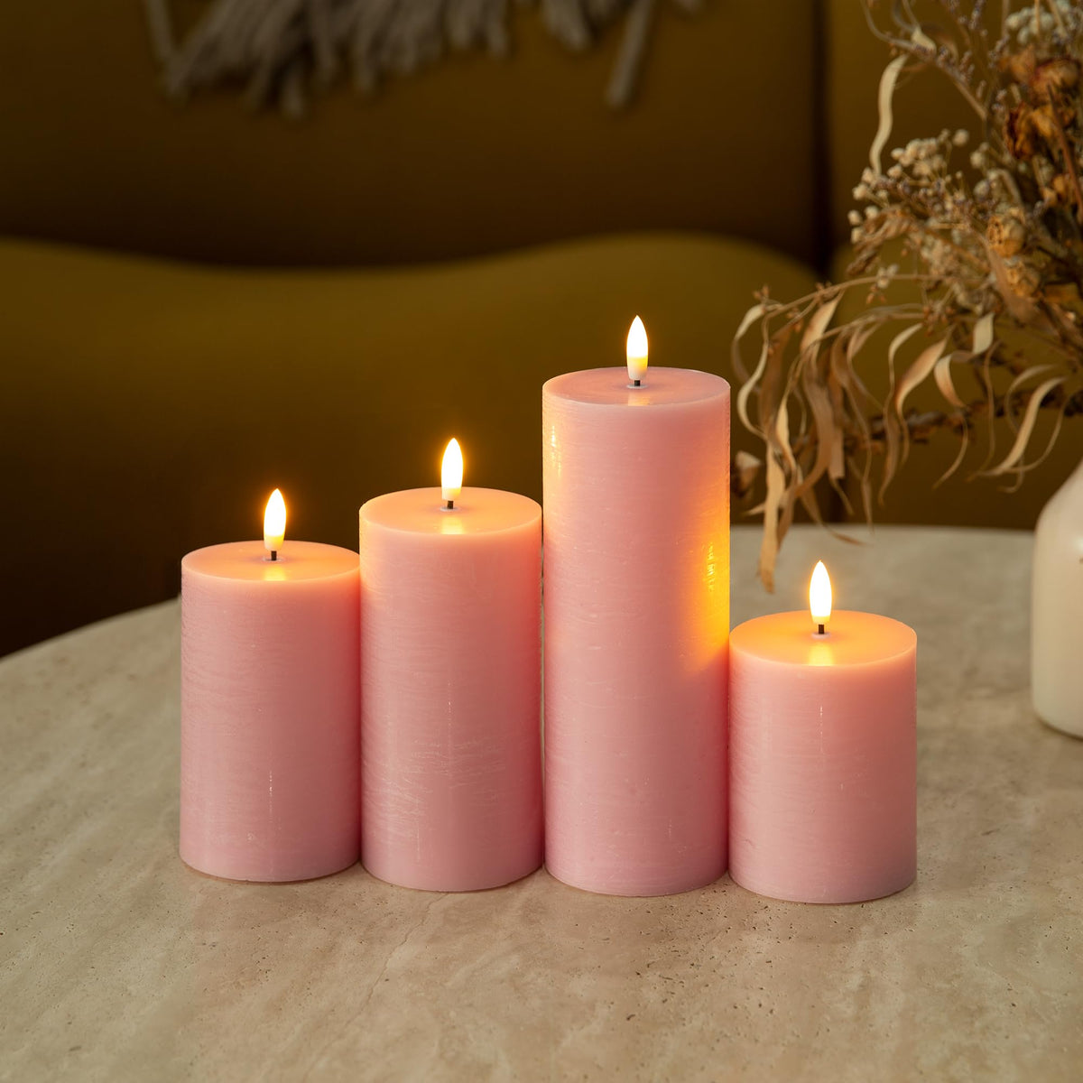 LUSHARBOR Flameless Candles, 4 Pack Battery Operated Candles with Remote, Real Wax LED Fake Candles with Timer Flickering for Christmas Wedding Home Party D3 H 5" 6" 7" 9" Pink
