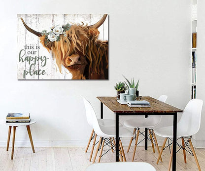YPY Highland Cow Wall Art - This is Our Happy Place Inspirational Canvas Poster for Home - Long Haired Scottish Cow with White Flower Picture Farmhouse Kitchen Decor Framed (24"x36")