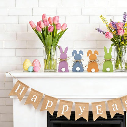Easter Decorations - Wooden Bunny Peeps Signs 4PCS, Spring Decor with Hemp Rope for Home Table Tiered Tray, Easter Freestanding Centerpiece for Indoor Mantel Shelf Office Party Gifts Basket Stuffers