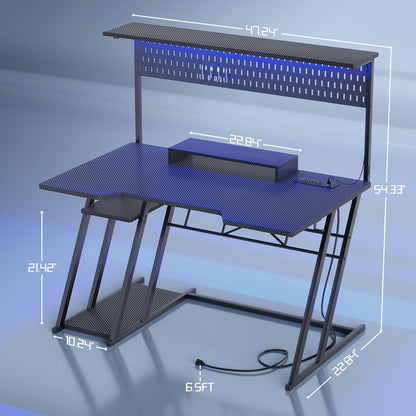Armocity Gaming Computer Desk with Shelves and Outlets, Gaming Desk with Hutch and LED Lights, Reversible PC Gaming Desks with Pegboard, Carbon Fiber Black 47''