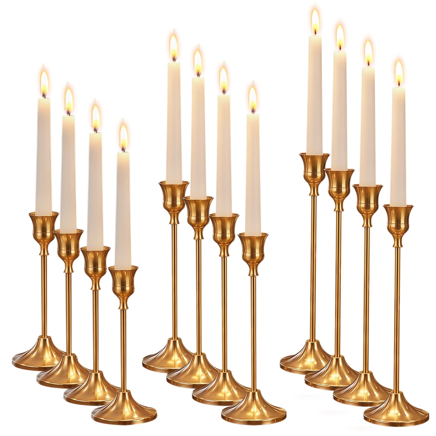 Oakernel Brass Taper Candle Holders 4 Sets(12 Pcs) - Tall Metal Candlestick Holders for Table Centerpiece, Formal Dinner, Wedding, Fireplace Mantel Decor, Fits 3/4 Inch Thick Candles