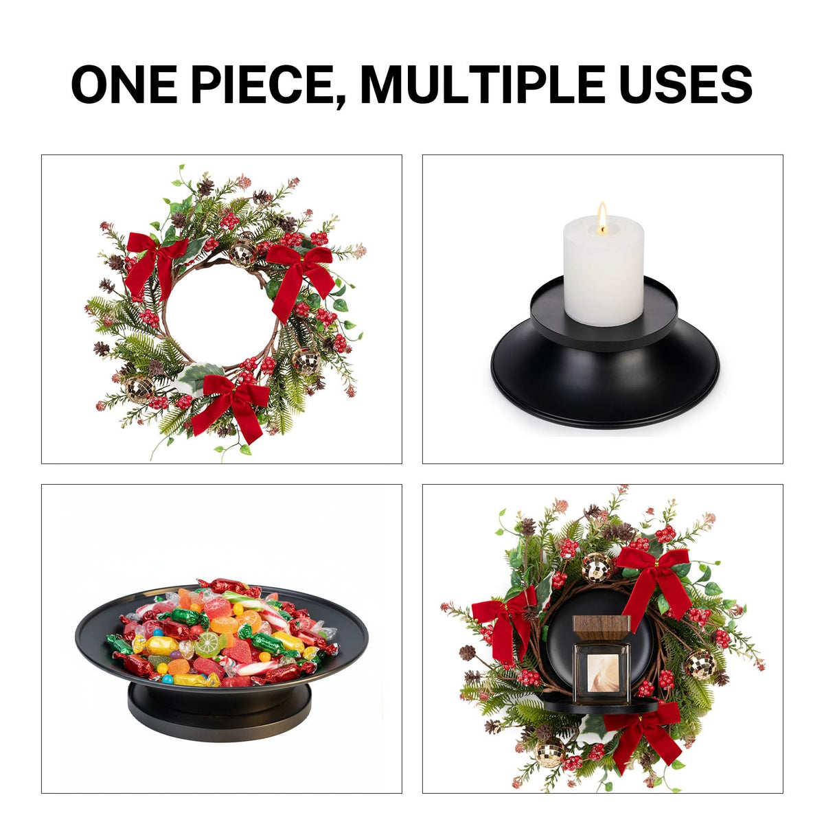 MOYEE Winter Christmas Candle Holder Centerpieces for Tables,Candle Ring, Black Metal Candlestick with an Artificial Wreath 14 in Versatile Dining Table Centrepiece (Red Bow Pinecone Wreath)