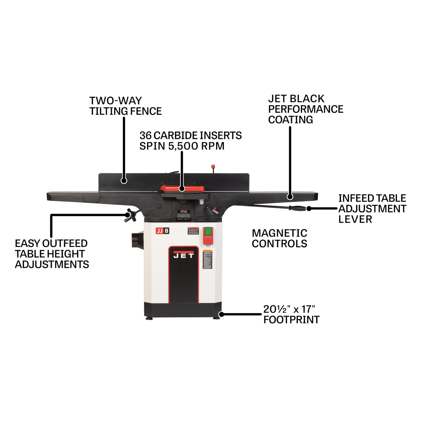 JET Black 8-Inch Jointer, Helical Cutterhead, 2 HP, 230V 1Ph (JWJ-8HH-BLK)