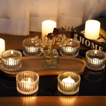Jollyhilan 6 Pack Glass Candle Holder,Round Glass Candle Tray Ribbed Tealight Holders for Votives, Floating Candles Table Centerpieces Wedding Home Decor,Clear
