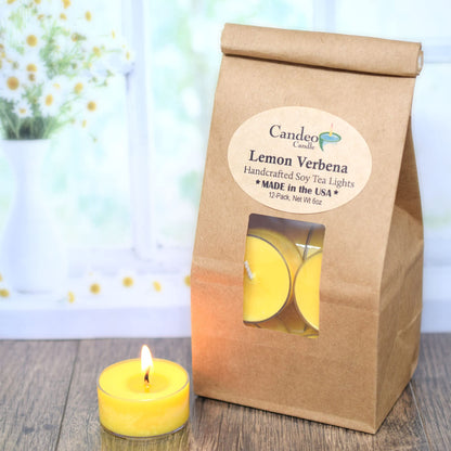 Lemon Verbena Scented - Soy Tealight Candles, 12 Pack - Highly Scented - Handmade in The USA - Candeo Candle - Summer Scents