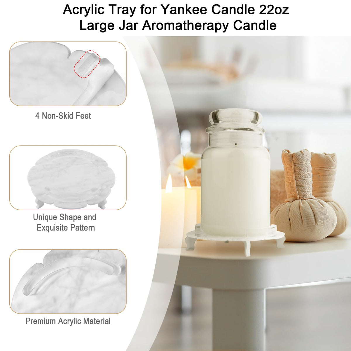 Beautyflier Scented Candle Holder Tray, Pedestal Stand for Yankee Candle Classic 22oz Jar, Decorative Marble Acrylic Plate, Holder ONLY (White)