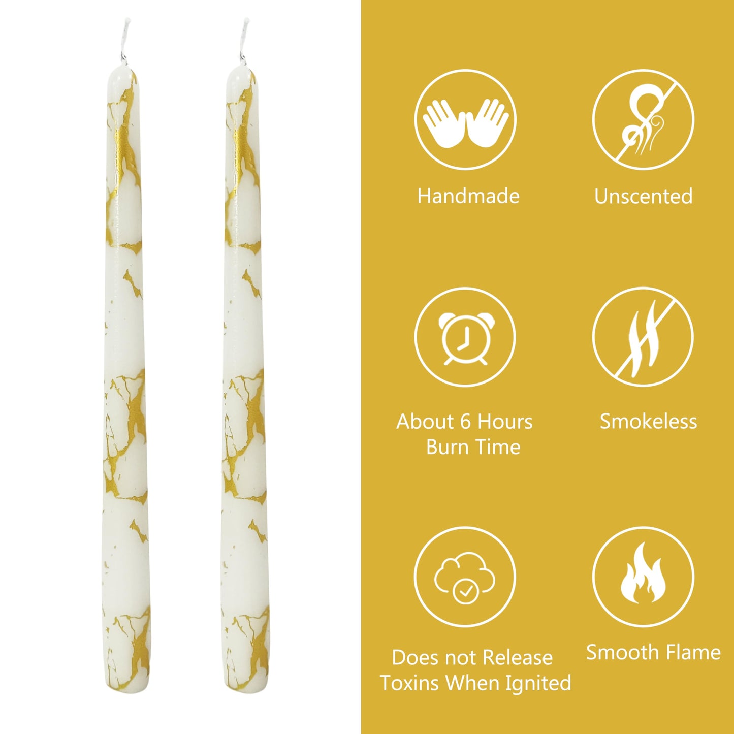 Gold Marble Printed Taper Candles Set of 2, 10 Inch Handmade Tapered Candles, Unscented Floral Candle Stick Style Candlesticks for Wedding Home Decor Gift