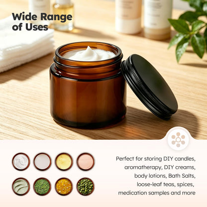 2 oz Glass Jars with Metal Lids, 36 Pack Amber Small Glass Jars with Black Lids Leakproof Round Airtight Empty Cosmetic Travel Containers with Inner Liners For Lotions Powders and Candle Making
