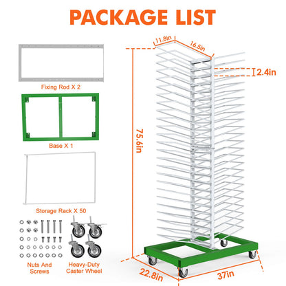 vanerepok Paint Drying Rack 50 Shelves for Cabinet Doors, Heavy-Duty Carbon Steel Structure Cabinet Door Drying Rack for Art Studios, Space-Saving with 4 Locking Casters, 25lbs per Shelf