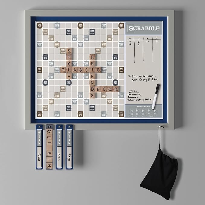 WS Game Company Scrabble Deluxe 2-in-1 Wall Edition Oversized 30 x 24 Wood Frame Magnetic Tiles &amp Dry Erase Message Board Hangable Home Decor Family Word Board Games for 2-4 Players Ages 8+