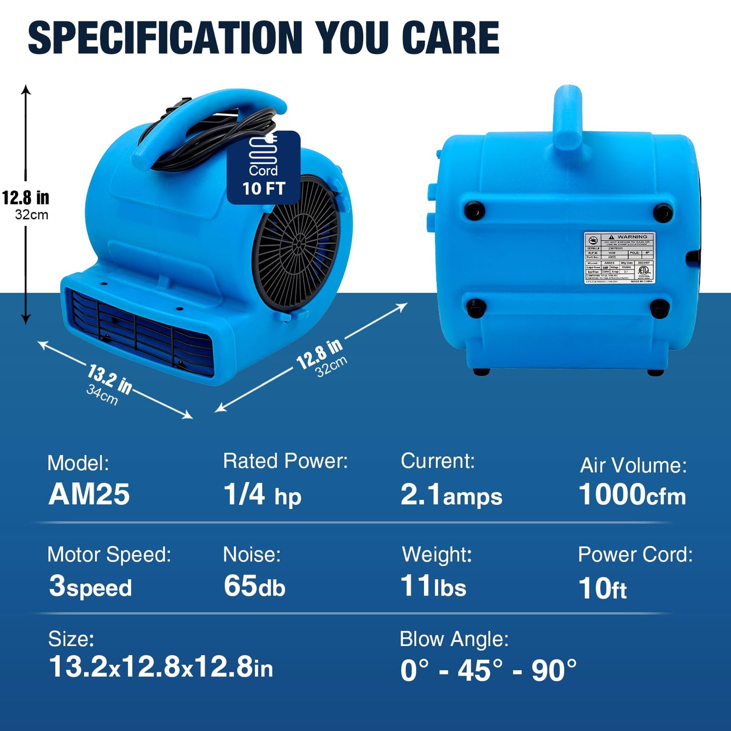 MOUNTO 1/4hp 1000CFM 2 Speed Air Mover Carpet Dryer Floor Fan Cooling Fan (Blue)