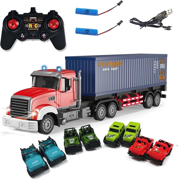 Mostop RC Semi Truck with Trailer - 22.5 Inch Remote Control Semi Truck Toy for Kids 1:24 Scale Container Truck with 2 Batteries Carrier Van Transport Vehicle with LED Light &amp MusicGreat Gift