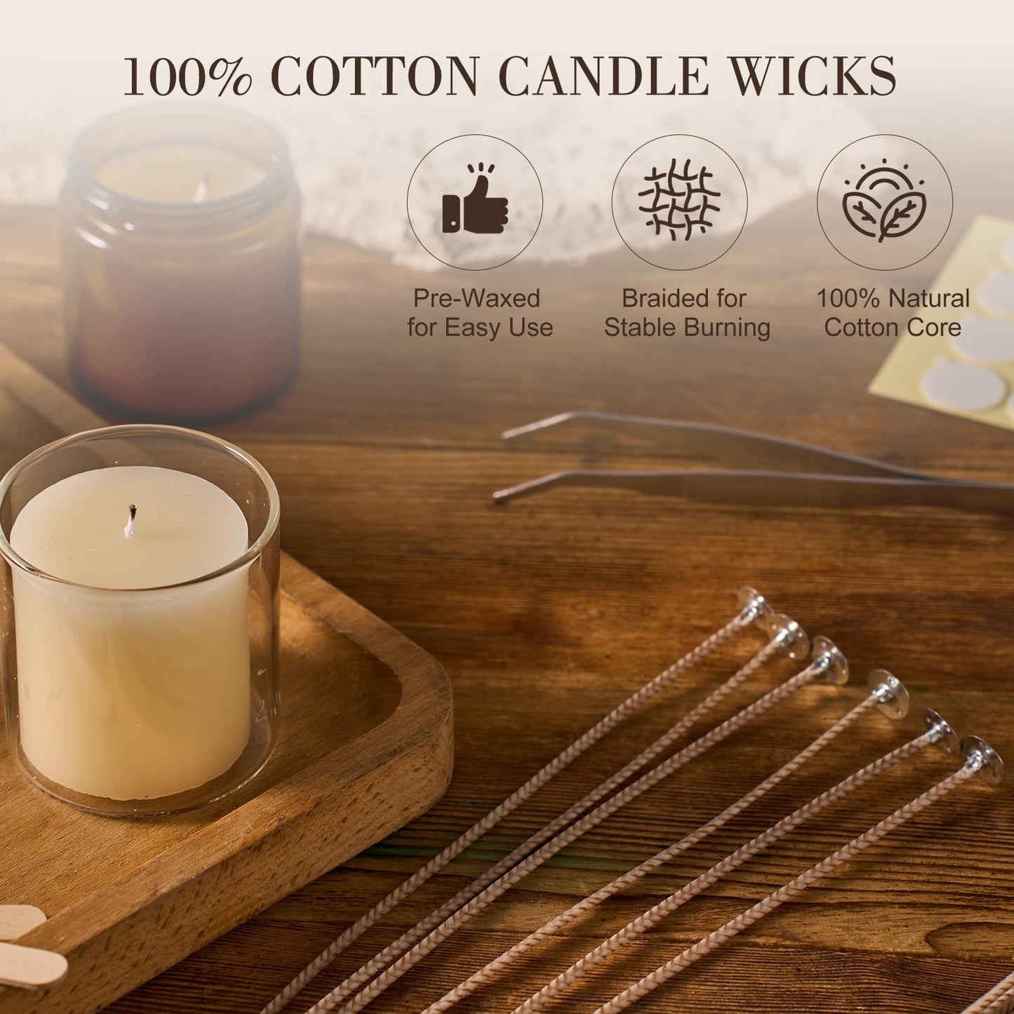PolyChic Candle Wick Kit – 50pcs 8-Inch Pre-Waxed Cotton Candle Wicks with Tools for Soy & Beeswax DIY Candles