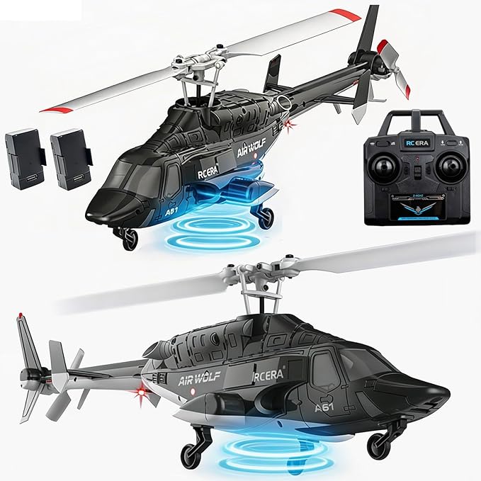 A61 Airwolf Remote Controlled Helicopter Aircraft Plane 4CH RC Heli Aileronless 1/42 Scale 6-Axis Gyroscope Altitude Hovering Optical Flow Position 2Batteries for Adults Beginners/Black White