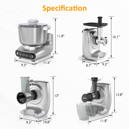 Sunvivi 4-in-1 Multifunction Stand Mixer with Fermentation, 5.3QT Electric Dough Mixer for Chinese & Western Dough, Slow Juicer, Meat Grinder, Salad Maker, LED Display & Knob Control, Stainless Steel