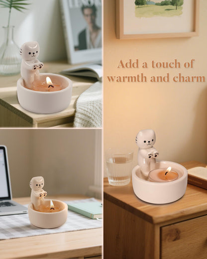Cat Candle Holder, Cute Cartoon Kitten Scented Candles Candle Lamp, Handmade Ceramic Candlestick,Cartoon Cute Scented Candle Sticks Holder Decor, Gift for Cat Lover - Aromatherapy Candle Included