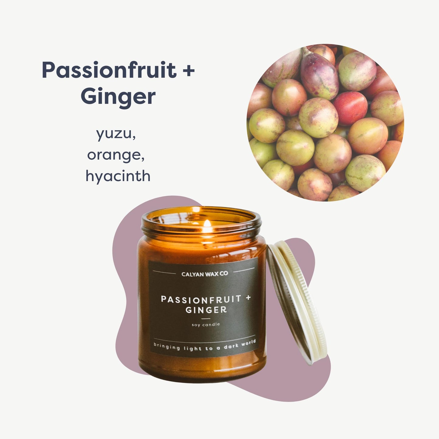 Calyan Wax Co. Passionfruit & Ginger Scented Candle - 57 Hour Burn - Luxury Clean Soy Wax Candles - Long Lasting Amber Glass Jar Candle for Home - 7.2oz