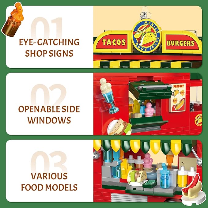 Taco Truck Building Blocks Set Cityscape Series Building Sets with Separate Dining Table and Puppy Pretend Play DIY Building Toys Gifts for Family Friends on Birthday Festival (615 Pcs)