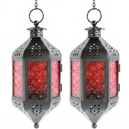 Vela Lanterns Hanging Moroccan Lamp - Exotic Decorative Patio & Porch Decor, Indoor Outdoor Tea Light Candle Lantern Holder with Chain (11" Medium, Red Glass, 2-Pack)