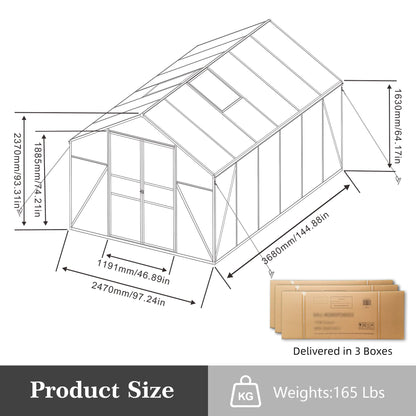 YOPTO 8x12T Greenhouse,Outdoor Polycarbonate Greenhouse with Roof Vent & Drainage System,Heavy Duty Aluminum Walk-in Green Houses for Outside Garden Backyard,Easy Assembly,Black