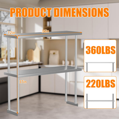 Garvee 12 in x36 in Stainless Steel Overshelf for Prep & Work Table, 360 LB Capacity Commercial 2 Tier Worktable Shelf, Adjustable Double Overshelf for Restaurant, Kitchen, Garage, Workshop