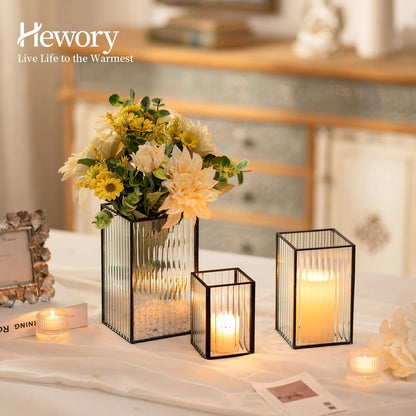 Hewory Black Hurricane Candle Holder: 6 PCS Ribbed Hurricane Glass Candle Holders for Pillar Candles, Square Pillar Candle Holders for Table Centerpiece Wedding Christmas, Home Decor for Kitchen Patio