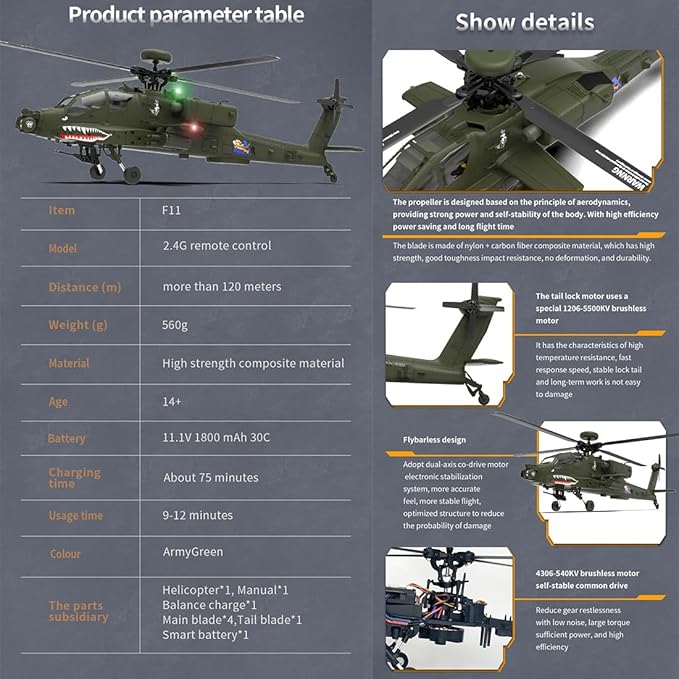 YUXIANG F11 AH64 RC Helicopter for Adults for AH64 Apache 1/32 Scale 2.4G 6CH 6G/3D Stunt Remote Control Military Aircraft Toys with 6-Axis Gyro &amp 2 Brushless Motor &amp Lights - RTF