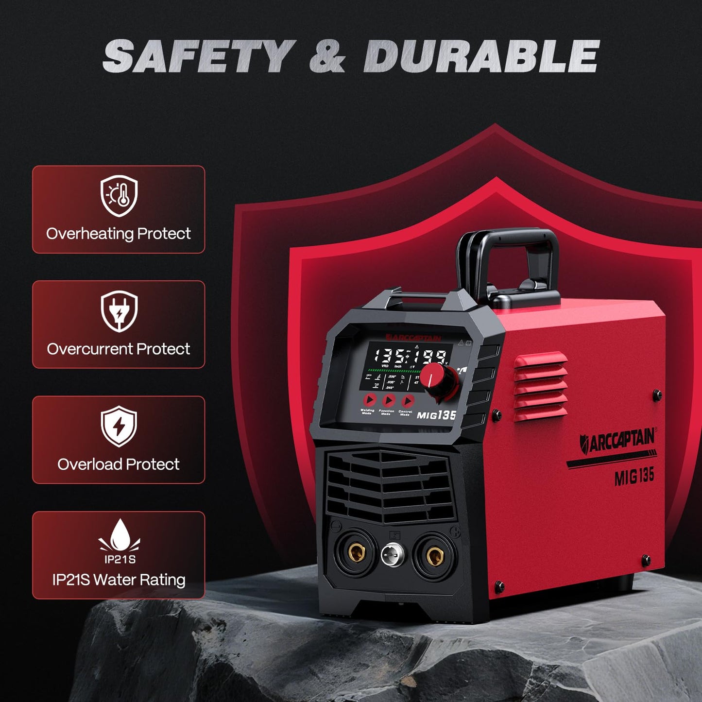 ARCCAPTAIN 135A MIG Welder [Large LED Display] 110V Welder Flux Core MIG, Lift TIG, Stick, 3 in 1 Welding Machine Gasless MIG Welder Machine 110V, IGBT Inverter Welder with Synergy, 2T/4T