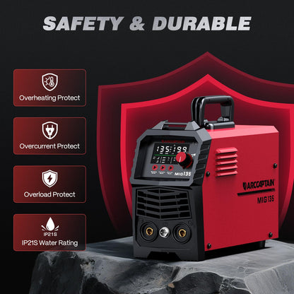 ARCCAPTAIN 135A MIG Welder [Large LED Display] 110V Welder Flux Core MIG, Lift TIG, Stick, 3 in 1 Welding Machine Gasless MIG Welder Machine 110V, IGBT Inverter Welder with Synergy, 2T/4T
