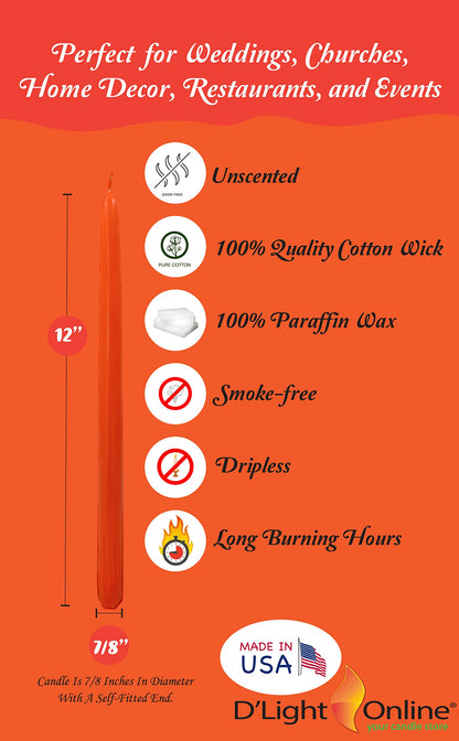 D'light Online Elegant Unscented 12" Orange Taper Candles Premium Quality Hand-Dipped Tapered Candles, Dripless and Smokeless - Set of 12 Individually Wrapped (12 Inch, Orange)