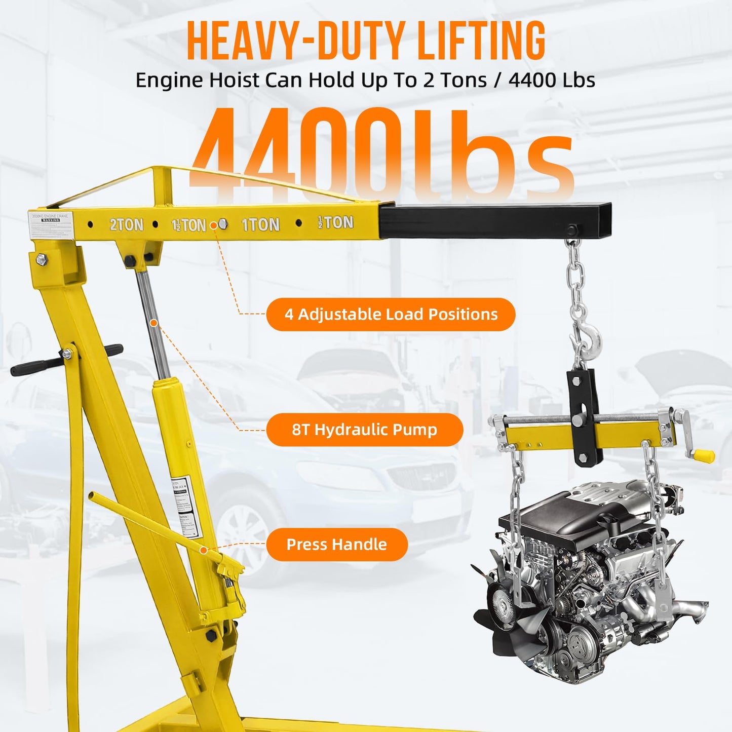 GarveeTech Engine Hoist with Lever, 2 T 4000 Lbs Heavy Duty Folding Cherry Picker Engine Lift Hydraulic Tilting Engine Shop Crane with 6 Iron Caster Wheels Telescopic Boom Hitch, Yellow