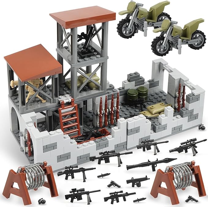 Finger Rock Military Base Building Block Set WW2 Army Mini War Accessories Kits Military Ruins Guard Tower Guns Army Supplies Block Toy for Teens Adults 14+