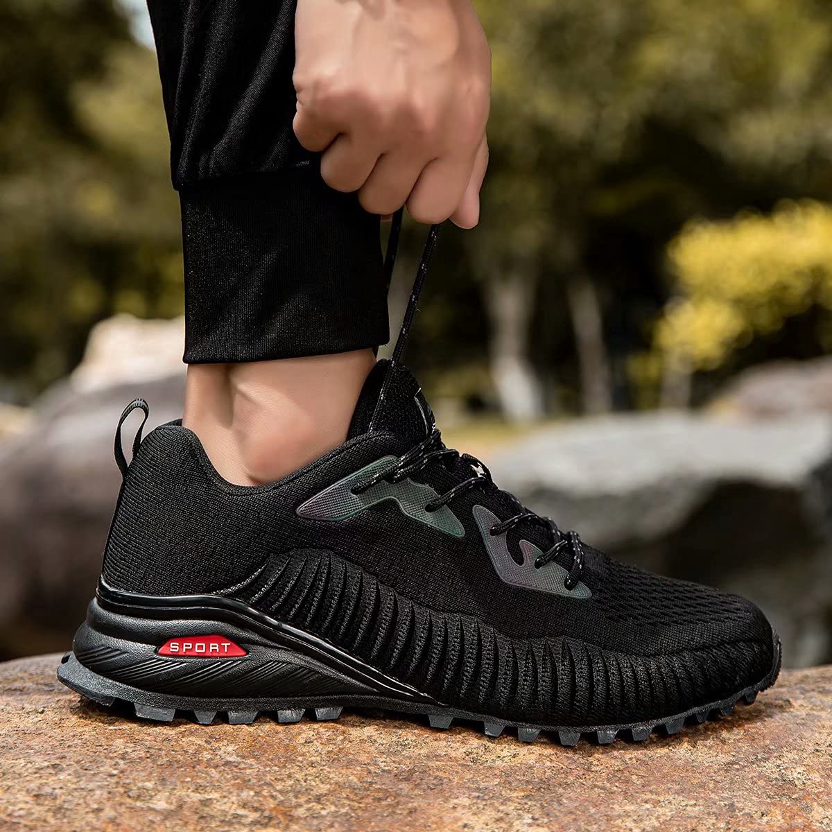 Kricely Men's Trail Running Shoes Fashion Hiking Sneakers for Men Black Tennis Cross Training Shoe Mens Casual Outdoor Walking Footwear Size 12