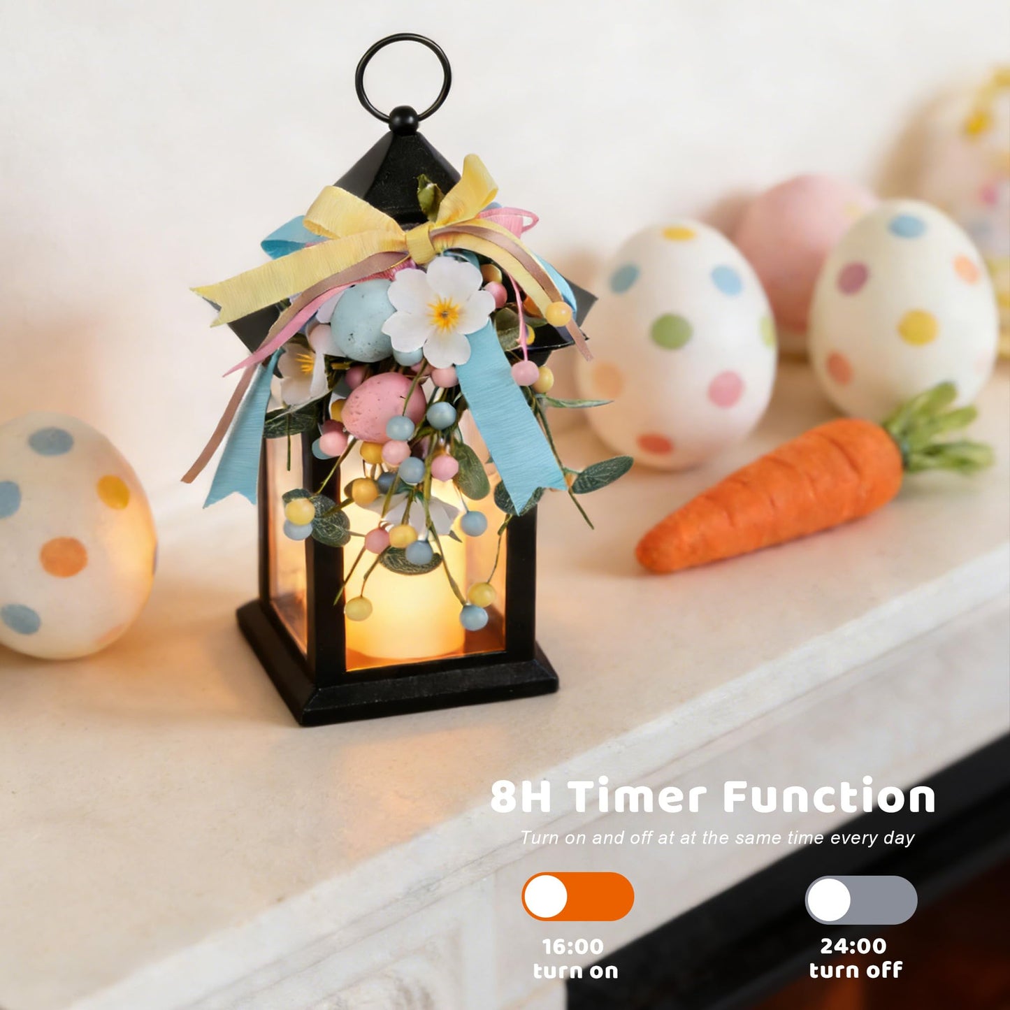 JOHUNT Easter Decorative Candle Lanterns, Battery Operated with Timer, 2 Pack Black Easter Egg Lanterns, 14" Waterproof Hanging Lanterns for Porch, Patio, Wedding Spring Decor
