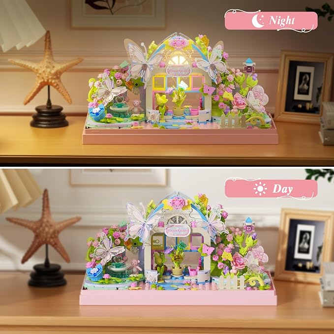 Flowers Butterfly House Building Set with LED 437PCS Botanicals Butterfly and Flowers Garden Building Blocks ToyBirthday Gifts for Girls Age 8-10