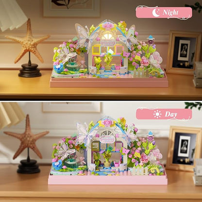Flowers Butterfly House Building Set with LED 437PCS Botanicals Butterfly and Flowers Garden Building Blocks ToyBirthday Gifts for Girls Age 8-10