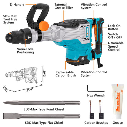 Berserker 1700W 25-Pound SDS-Max Demolition Jack Hammer, 1-9/16" 14-Amp Corded Electric Heavy Duty Demo Chipping Hammer Concrete/Pavement Breaker with Carrying Case Flat Chisel Bull Point Chisel