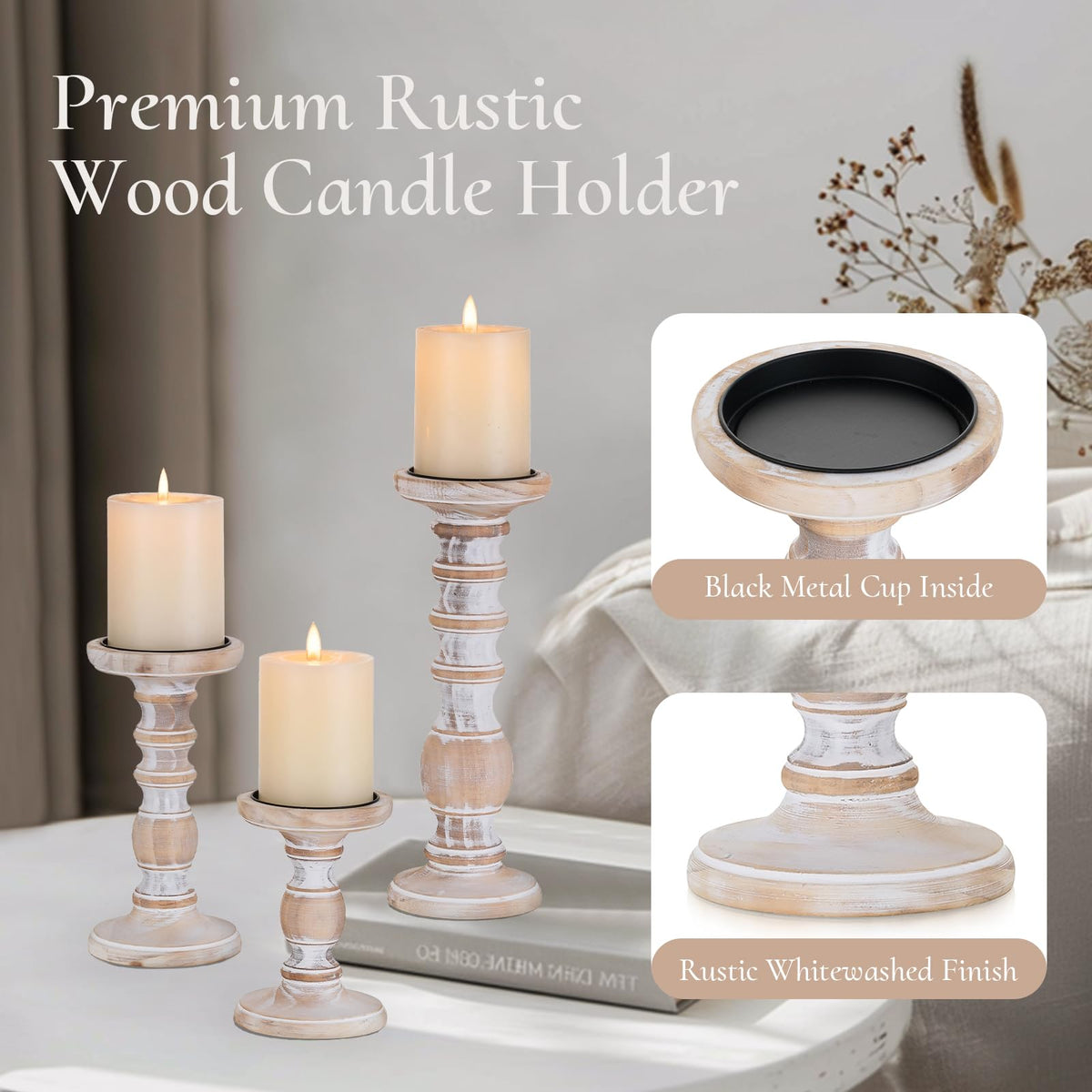 Wood Candle Holders for Pillar Candles - Tall Rustic Candle Holder (Set of 3), Large Farmhouse Candle Holders Candle Stand, Pillar Candle Holder Set for Table Centerpiece, Fireplace, Home, White