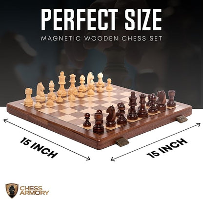 Chess Armory 15 inch Chess Set Magnetic - Premium Wooden Board Game with a Portable Wood Case and Secure Storage for Pieces Set for Kids and Adults (Walnut Wood)