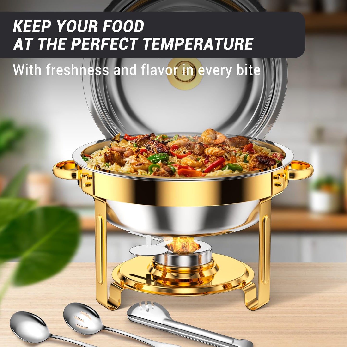 Keyoxy Round Chafing Dishes for Buffet 5 Qt,High Grade Chafing Dish Buffet Set, Full Size Pan,Rolled-Edge Design Food Warmers for Parties,Buffet,Wedding,Birthday,Camping 4 PACK (Gold)