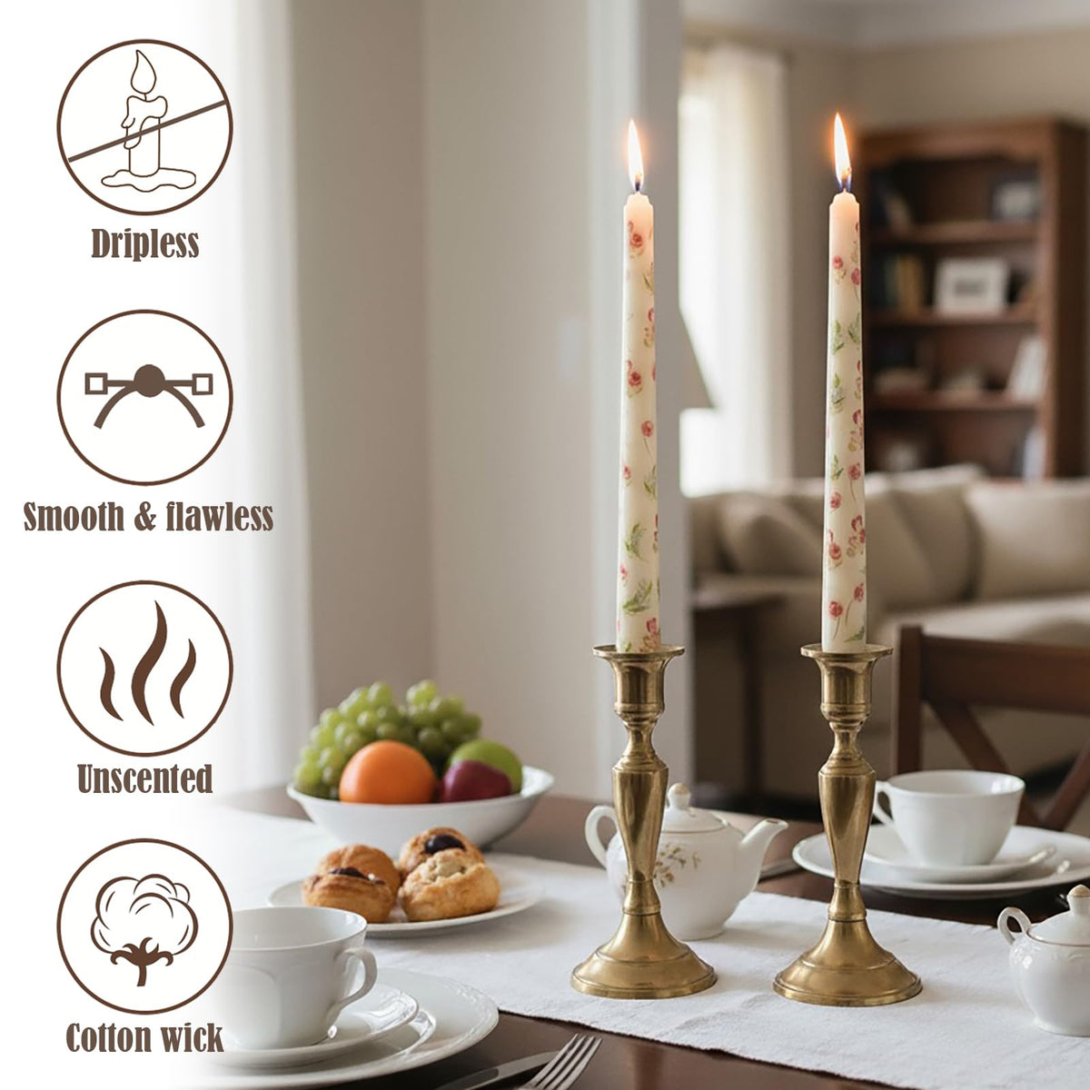 W&LESVAGO 4 Pcs Rose Print Taper Candles,10 Inch Rose Floral Patterns Ivory Dripless Long Candles Set for Wedding Anniversary Home Decor Dinner Party