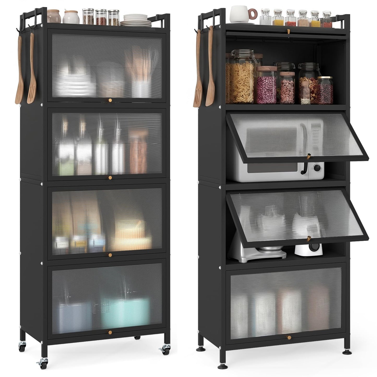 Giantex 5-Tier Kitchen Storage Cabinet, Mobile Microwave Stand with Flip-up PC Doors, Freestanding Kitchen Bakers Rack with 4 Rolling Casters, for Dining Room, Living Room and Study, Black