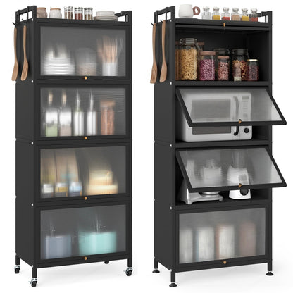 Giantex 5-Tier Kitchen Storage Cabinet, Mobile Microwave Stand with Flip-up PC Doors, Freestanding Kitchen Bakers Rack with 4 Rolling Casters, for Dining Room, Living Room and Study, Black