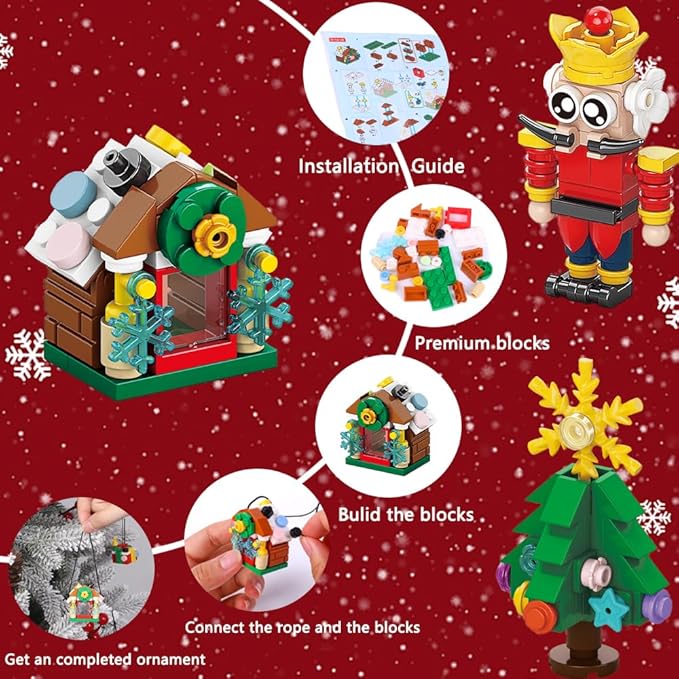 JOICEE Christmas Ornaments Building Blocks 18 Pack Xmas Tree Ornaments Building Sets with Strings Hanging Decoration Toys for Kids Holiday Party Favors Gifts Stocking Stuffers
