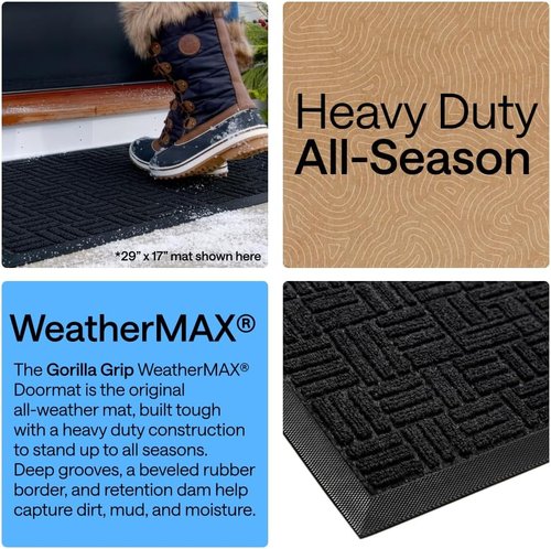 GORILLA GRIP 100% Waterproof Doormat - All-Season WeatherMAX, Stain & Fade Resistant, 58x34, Black Maze