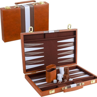Backgammon Set 2 Players Classic Backgammon Sets for Adults Board Game with PU Leather Case Portable and Travel Backgammon Set (Brown 15inch)