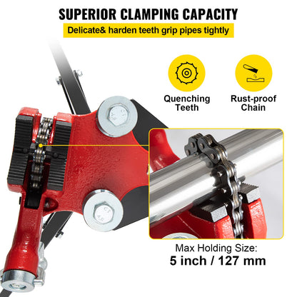 VEVOR Tripod Pipe Chain Vise, 1/8"-5" Pipe Capacity, 36.4“ Length Chain Vise Stand with Portable Folding Steel Legs, for Grabbing, Supporting and Bending Pipes in Factory, Workshop and Home