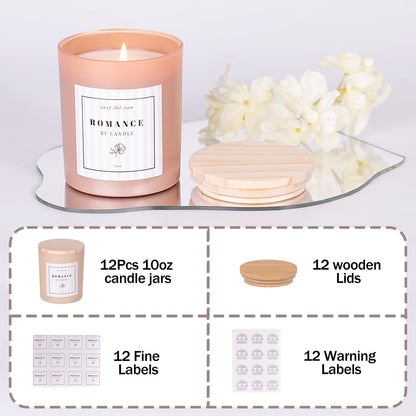 REISEN 12Pcs Assorted Amber Candle Jars for Making Candles, 10oz Empty Candle Jars with Bamboo Lids and Labels, Glass Jars for Candle Making Supplies, Candle Containers for DIY Gifts