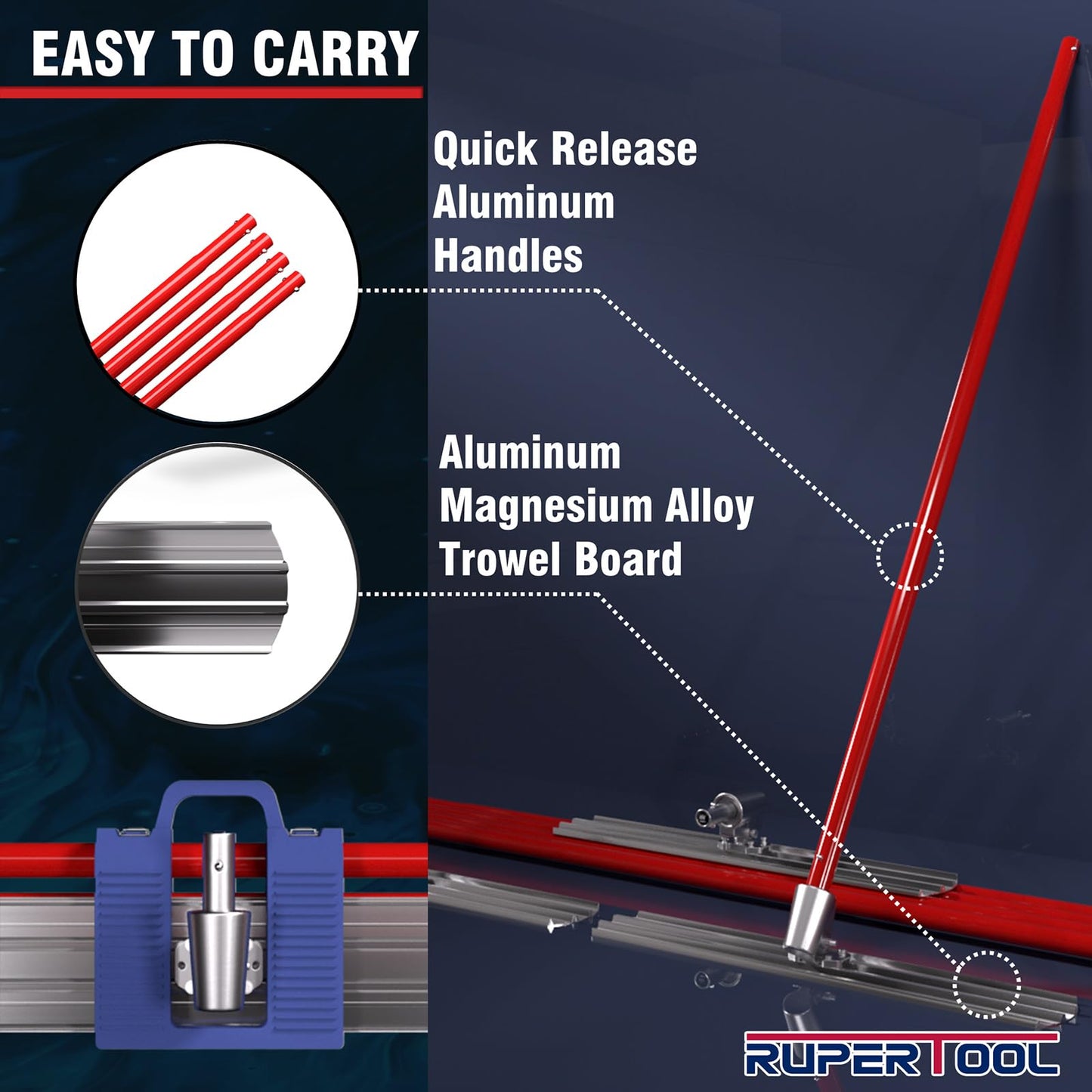 RUPERTOOL Concrete Bull Float Tools Kit, Aluminum Magnesium Alloy Float 48'' x 8", for Concrete Finishing, with Carrying Plastic Tool Box and Belt